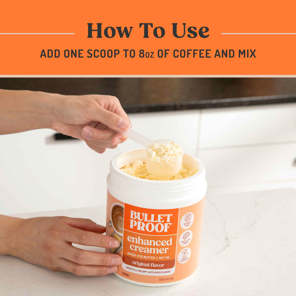 Morning kitchen scene with Bulletproof creamer showing convenience and shelf-stable use