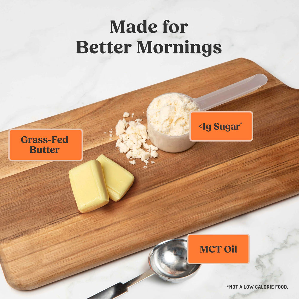 Scoop of Bulletproof creamer over container showing portion control and simple mixing