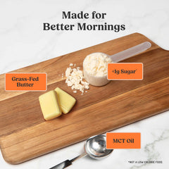 Scoop of Bulletproof creamer over container showing portion control and simple mixing