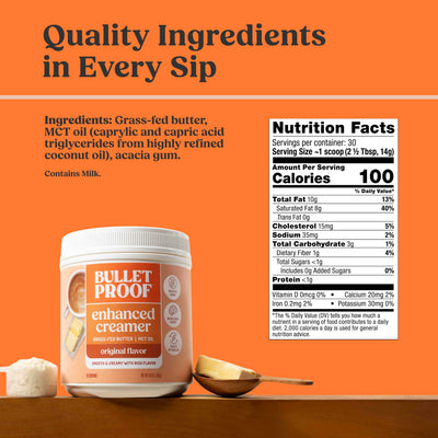 Side label of Bulletproof creamer showing nutrition facts and keto-friendly benefits