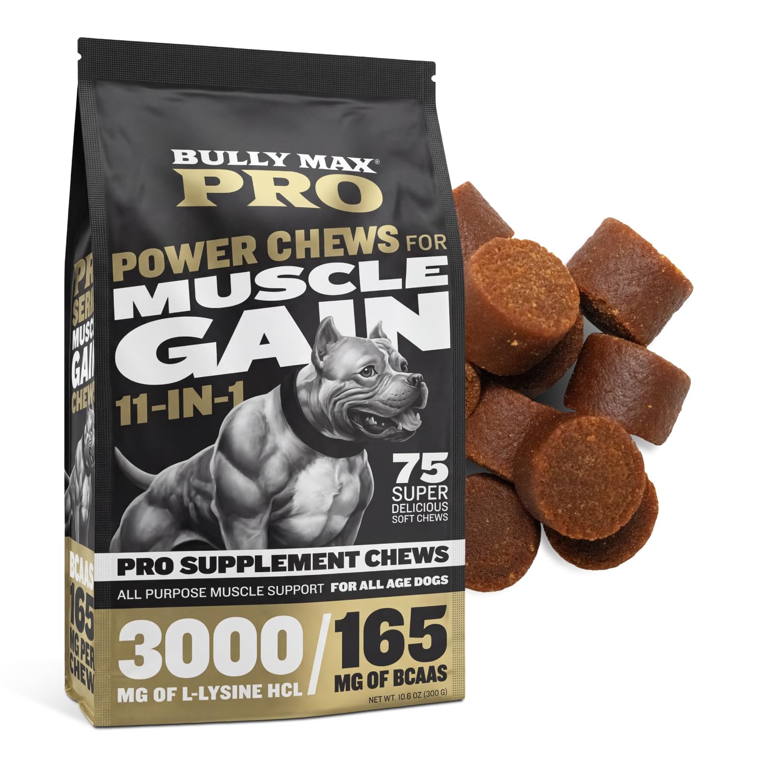 Bully Max frente del envase mostrando las 75 chuches y beneficio de aporte proteico