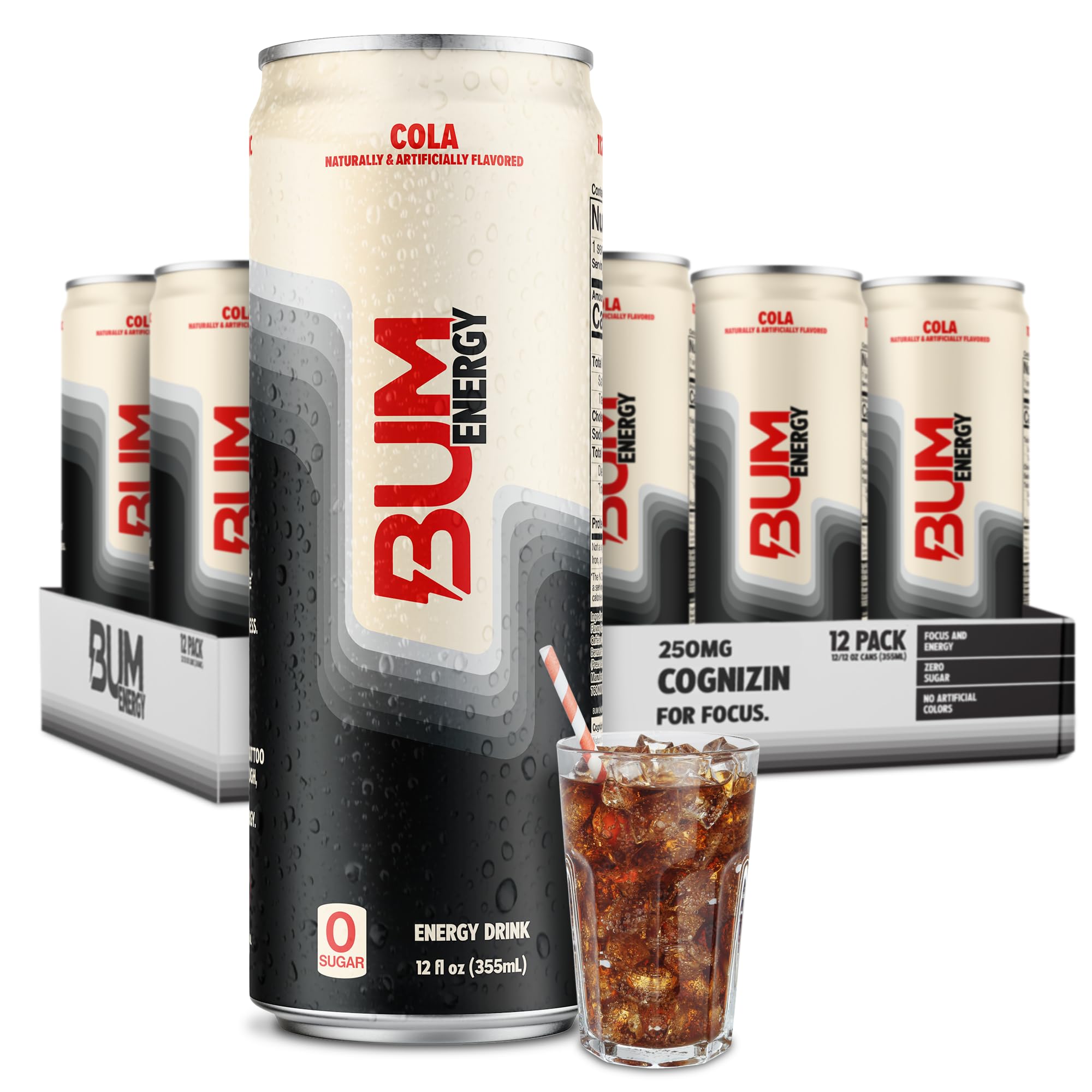 BUM Energy frente del pack de 12 latas muestra presentación conveniente