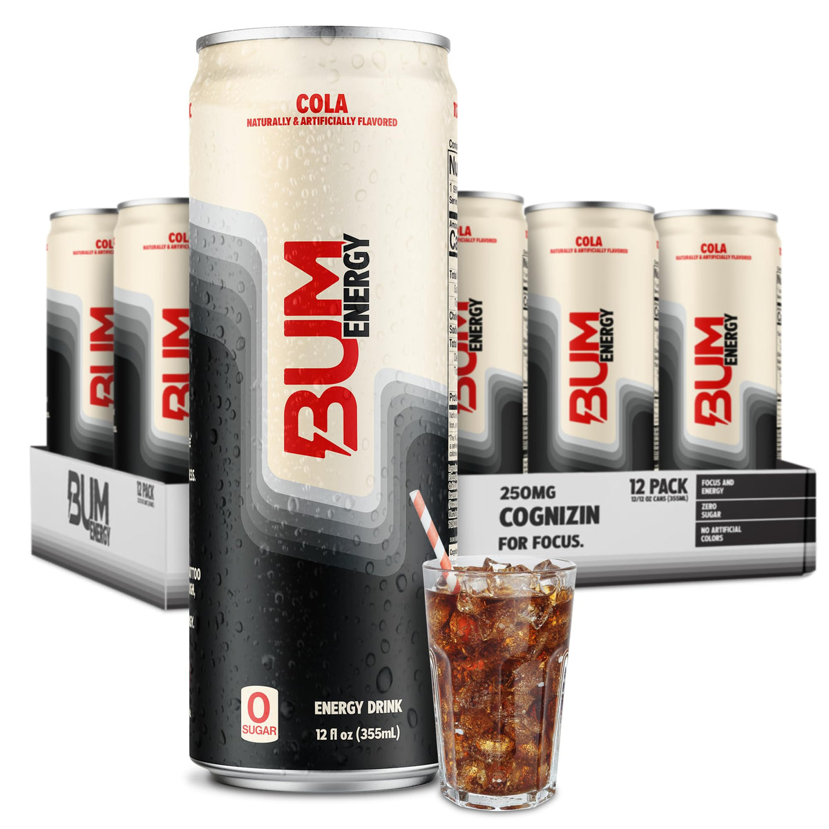 BUM Energy frente del pack de 12 latas muestra presentación conveniente
