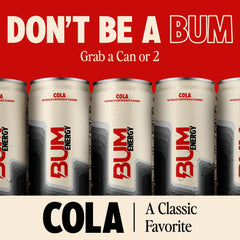 BUM Energy lata en primer plano resalta diseño y cola sin azúcar