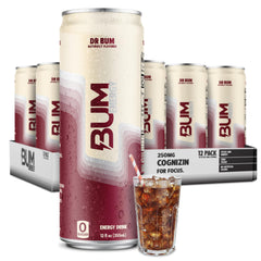 BUM lata frontal pack de 12 mostrando el diseño y conveniencia