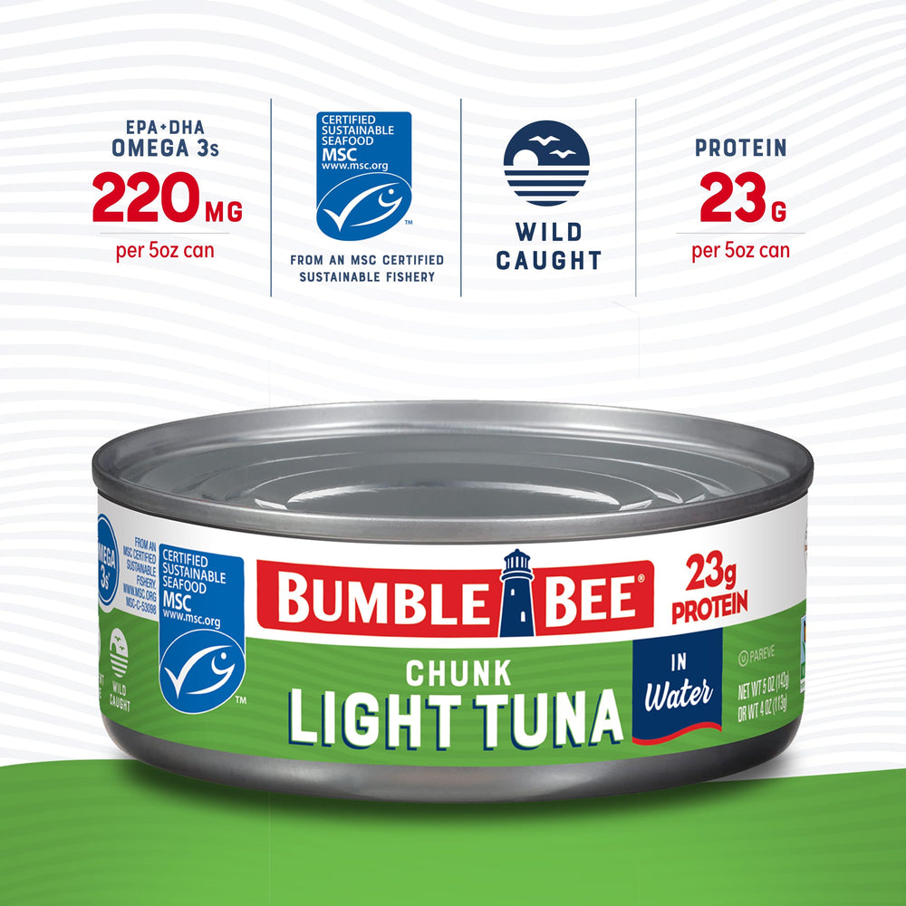 Bumble Bee open can showing flaky tuna texture for quick meal prep benefit