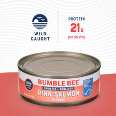 Bumble Bee open can with pink salmon chunks for quick meals