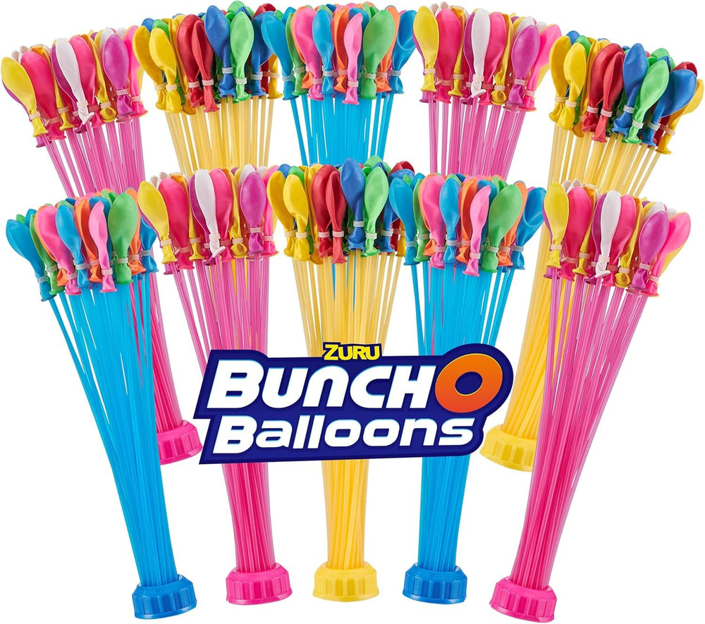 Bunch O Balloons frontal del paquete mostrando 10 ramilletes coloridos y ahorro de tiempo