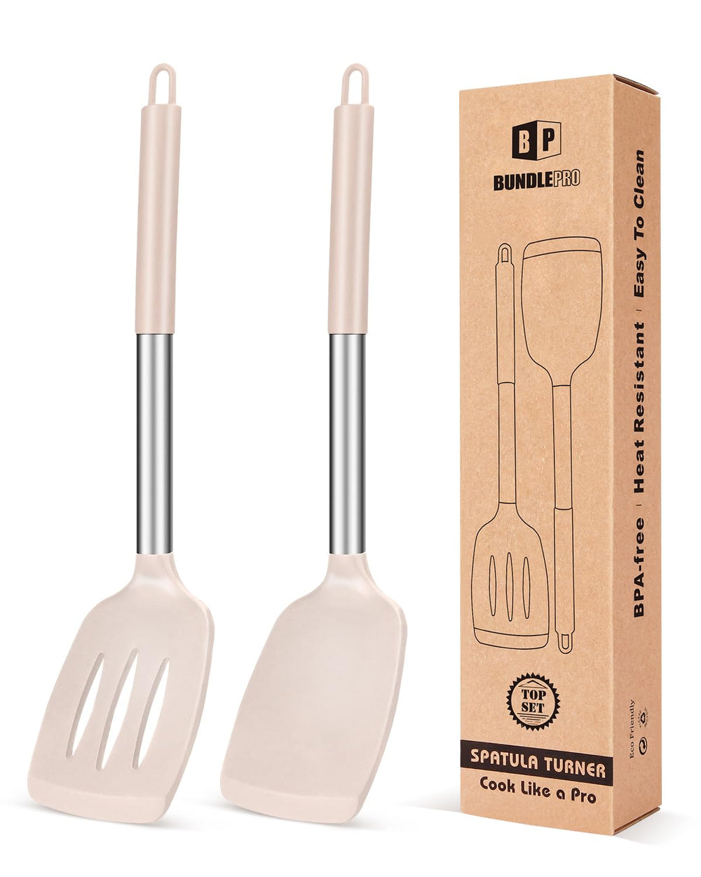 BUNDLEPRO espátula frontal pack de dos mostrando diseño y color caqui, útil para cocina diaria