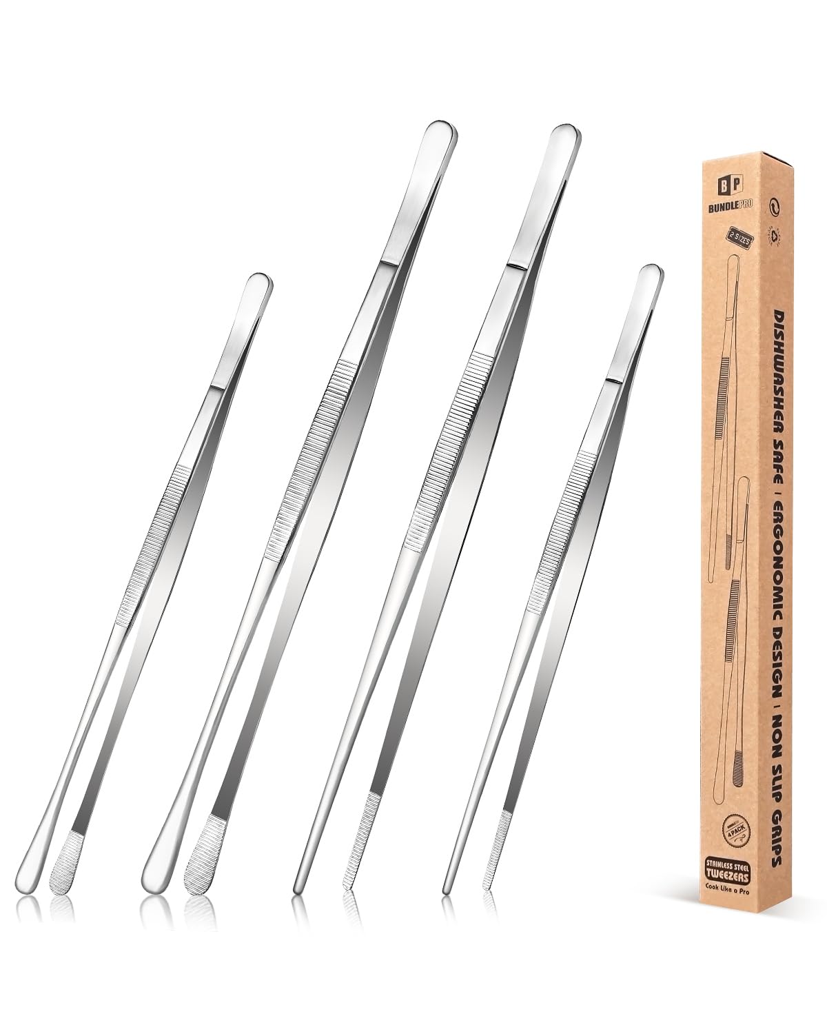 BUNDLEPRO pinzas largas 4 piezas vista frontal, acero durable para cocina