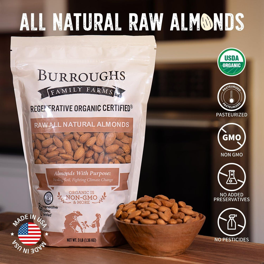 Burroughs Family Farms almendras mezcladas en ensalada aportando proteína y sabor natural