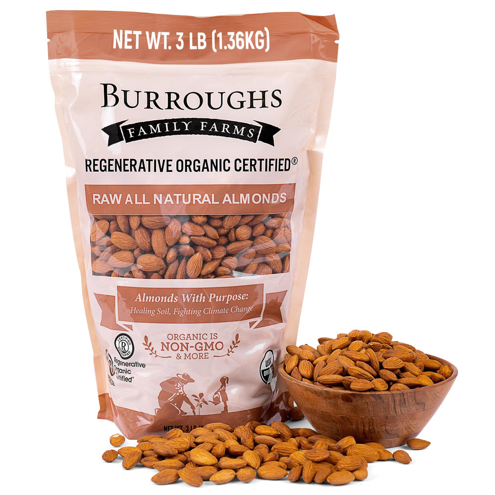 Burroughs Family Farms paquete frontal mostrando almendras orgánicas y beneficio de sostenibilidad