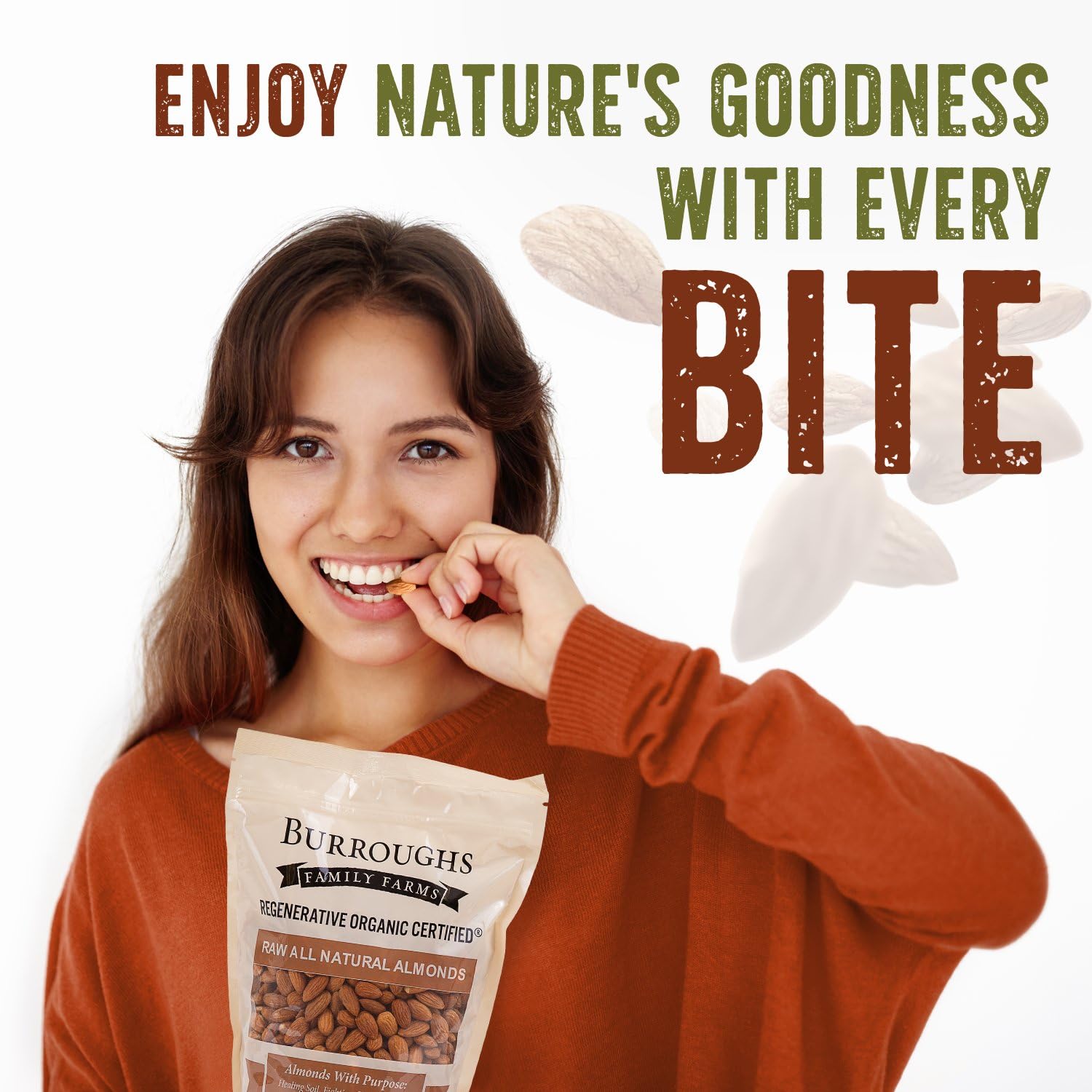 Burroughs Family Farms porción de almendras en mano para mostrar tamaño y conveniencia nutritiva