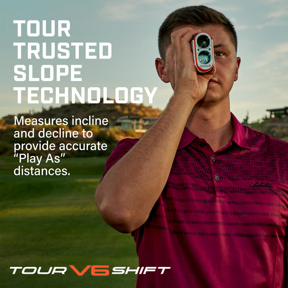 Bushnell Tour V6 Shift en mano demostrando tamaño compacto y manejo cómodo