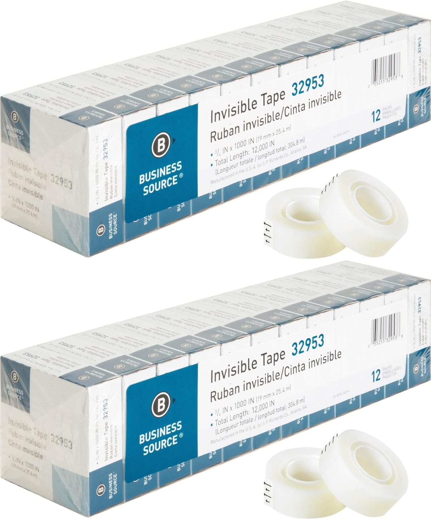 Business Source cinta invisible frontal mostrando rollos y empaque, conveniente para oficina