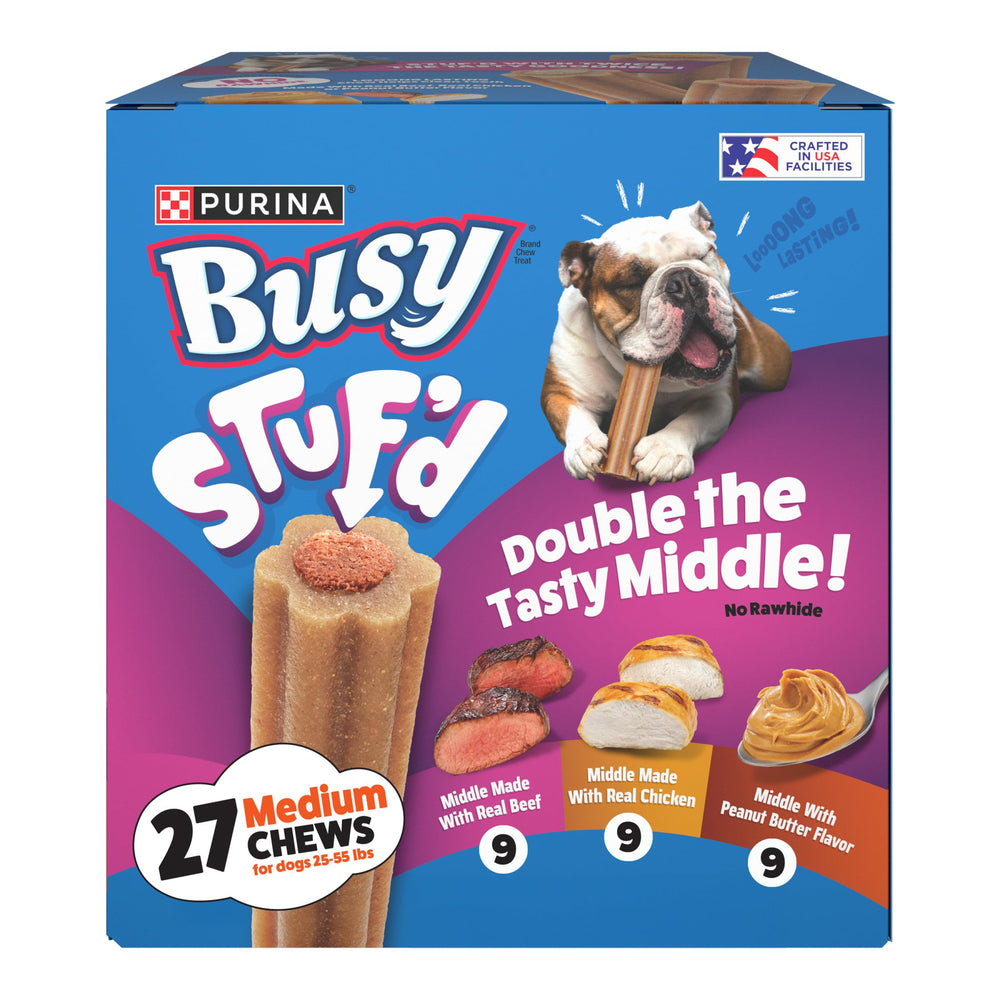 Busy Purina envase frontal mostrando el pack variado y beneficios de relleno