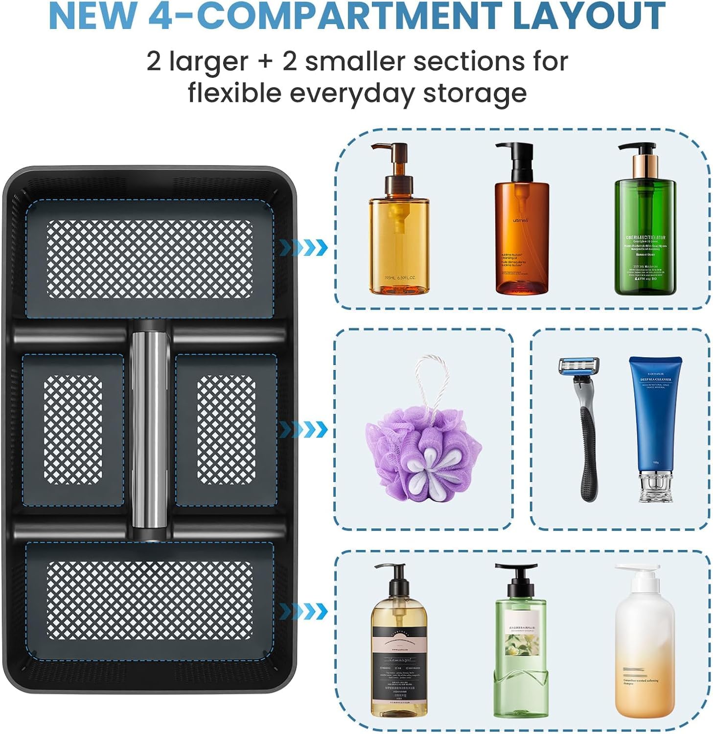 BYUNER caddy en uso dentro de una ducha reutilizable para baño compartido