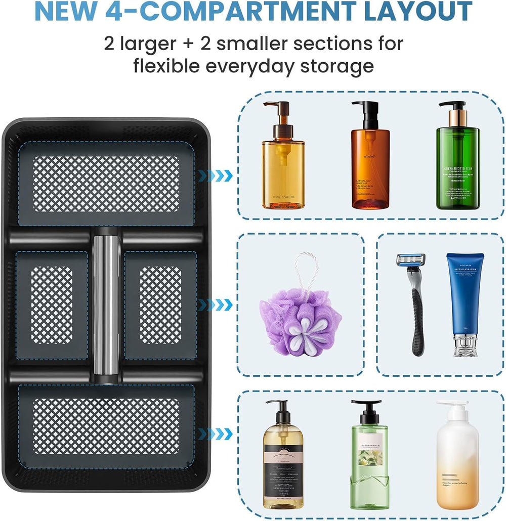 BYUNER caddy en uso dentro de una ducha reutilizable para baño compartido