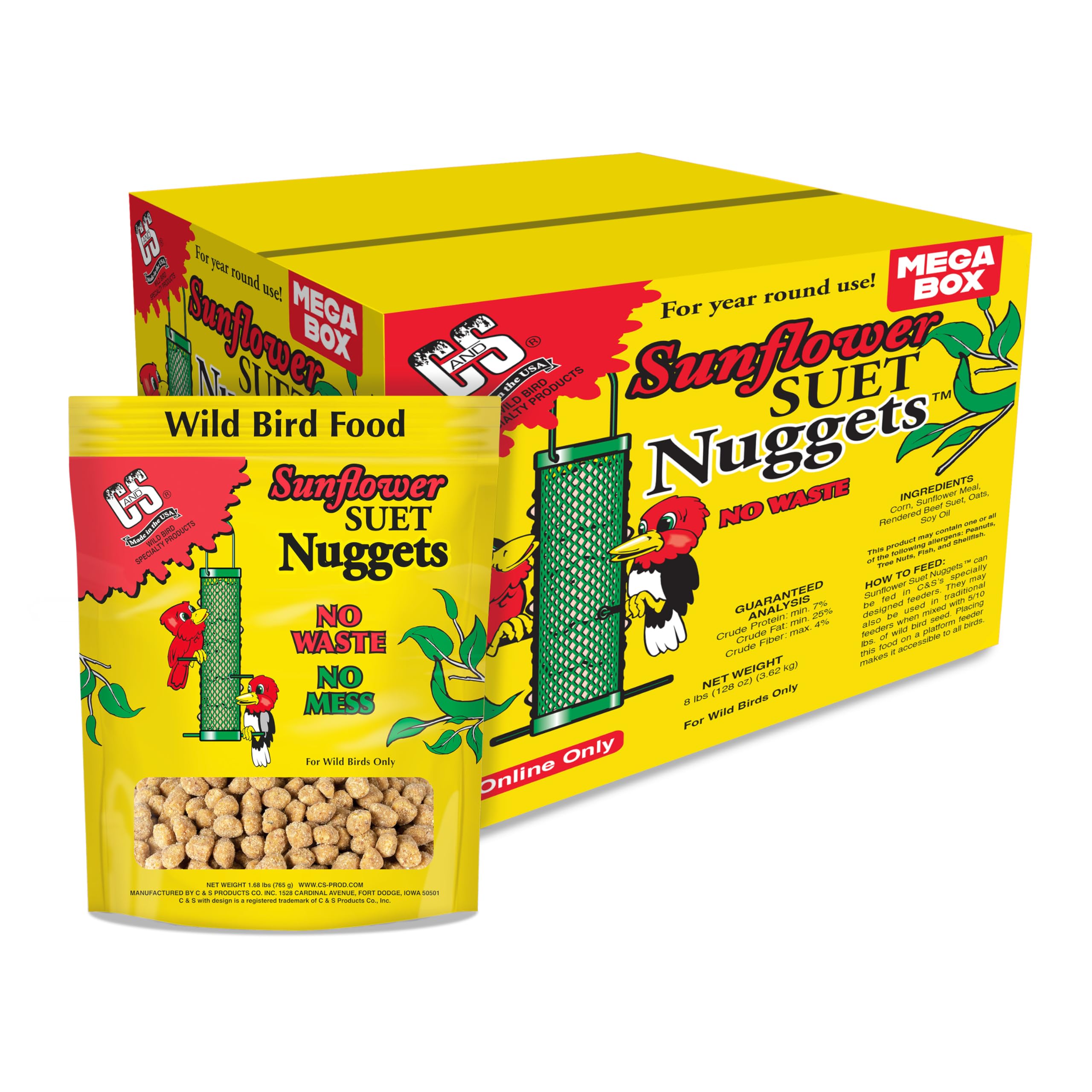 C&S paquete frontal de Sunflower Suet Nuggets mostrando peso y uso práctico