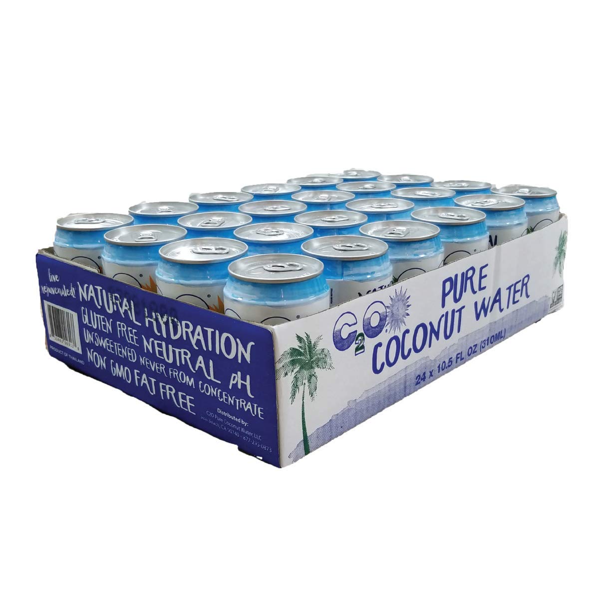 C2O can next to a green coconut showing authentic origin and flavor
