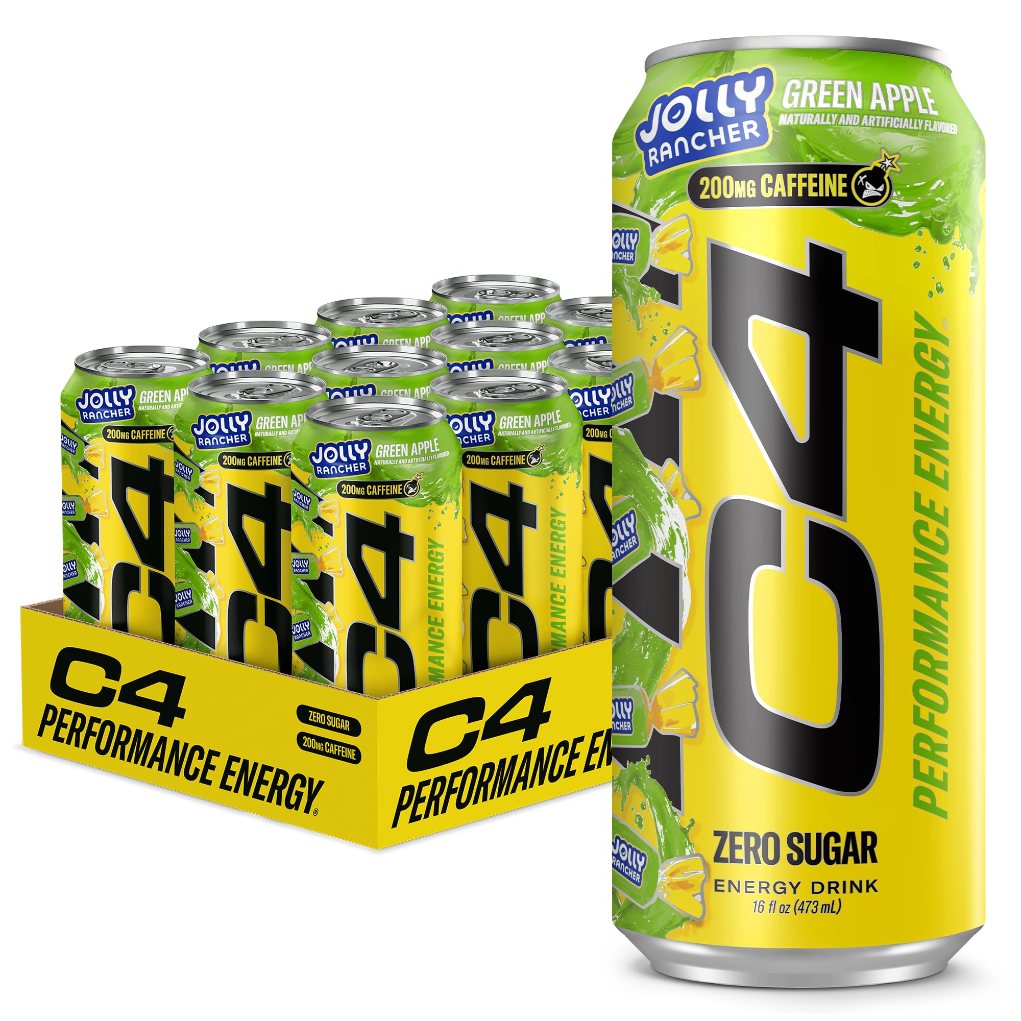 C4 lata frontal en pack de 12 mostrando diseño JOLLY RANCHER y sabor frutal