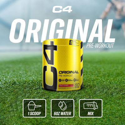 C4 tub on gym bench illustrating pre-workout use for improved training benefit
