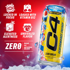 C4 side label focusing on 200mg caffeine and vitamin B12 benefits