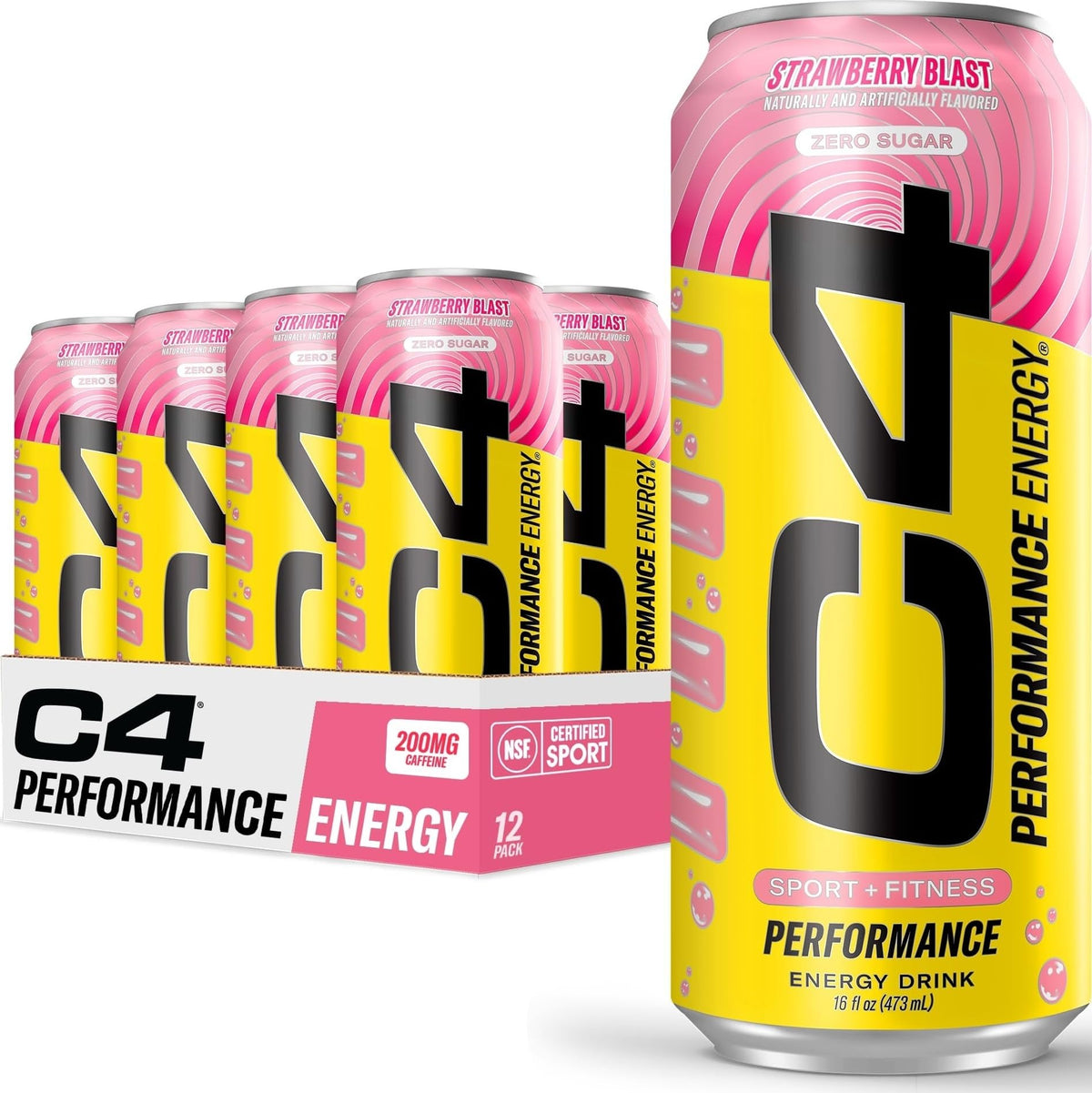C4 lata frontal Strawberry Blast mostrando diseño y beneficio energético