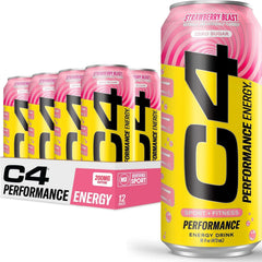 C4 lata frontal Strawberry Blast mostrando diseño y beneficio energético