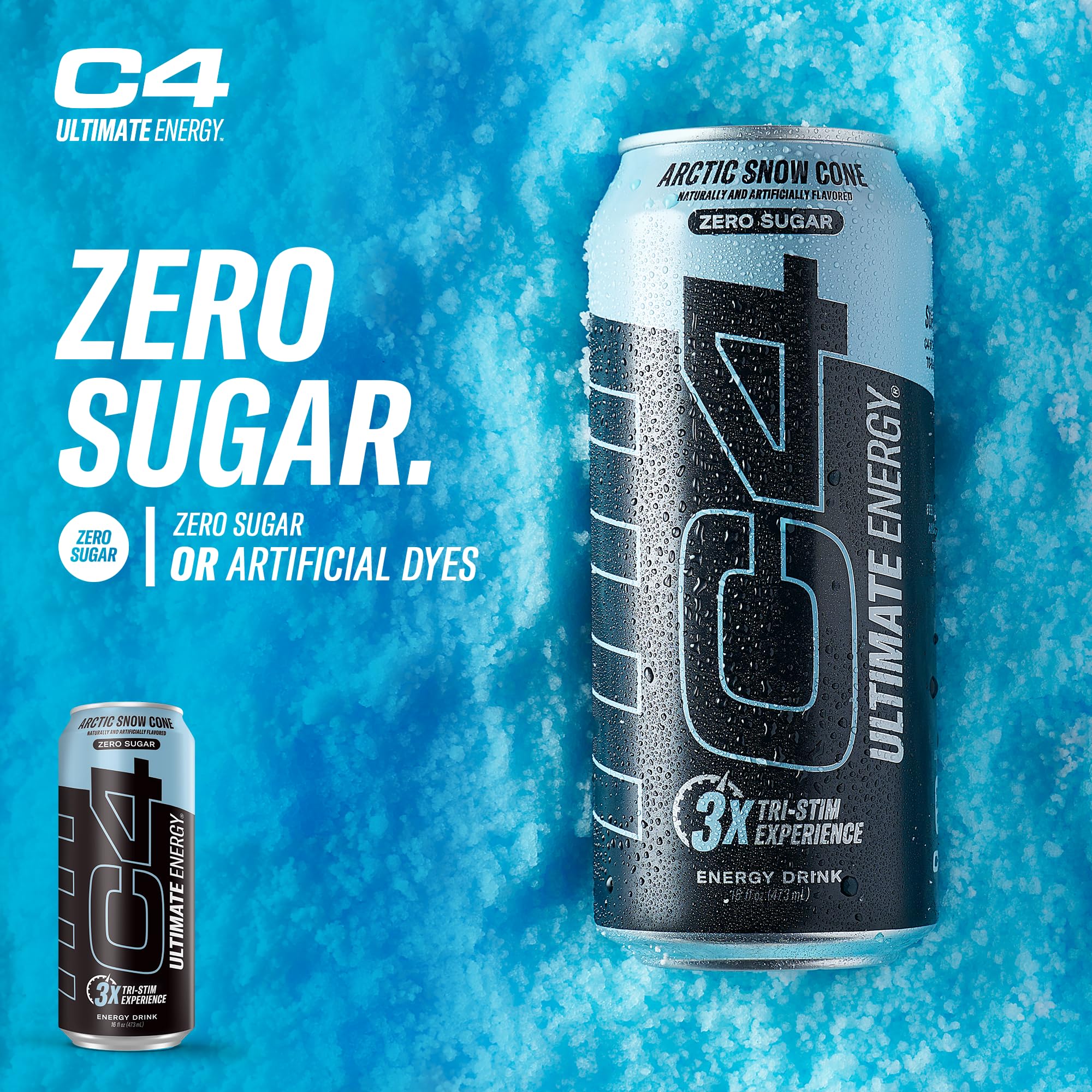 Lata C4 Arctic Snow Cone sobre hielo estilo snow cone, sabor refrescante