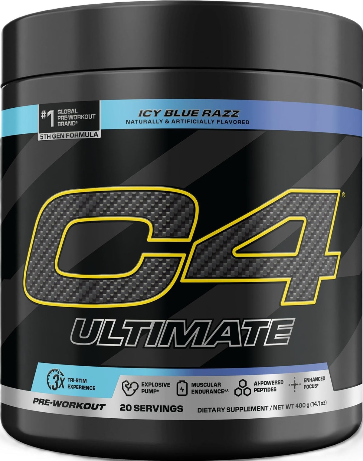 C4 envase frontal Icy Blue Razz mostrando diseño y claridad de ingredientes