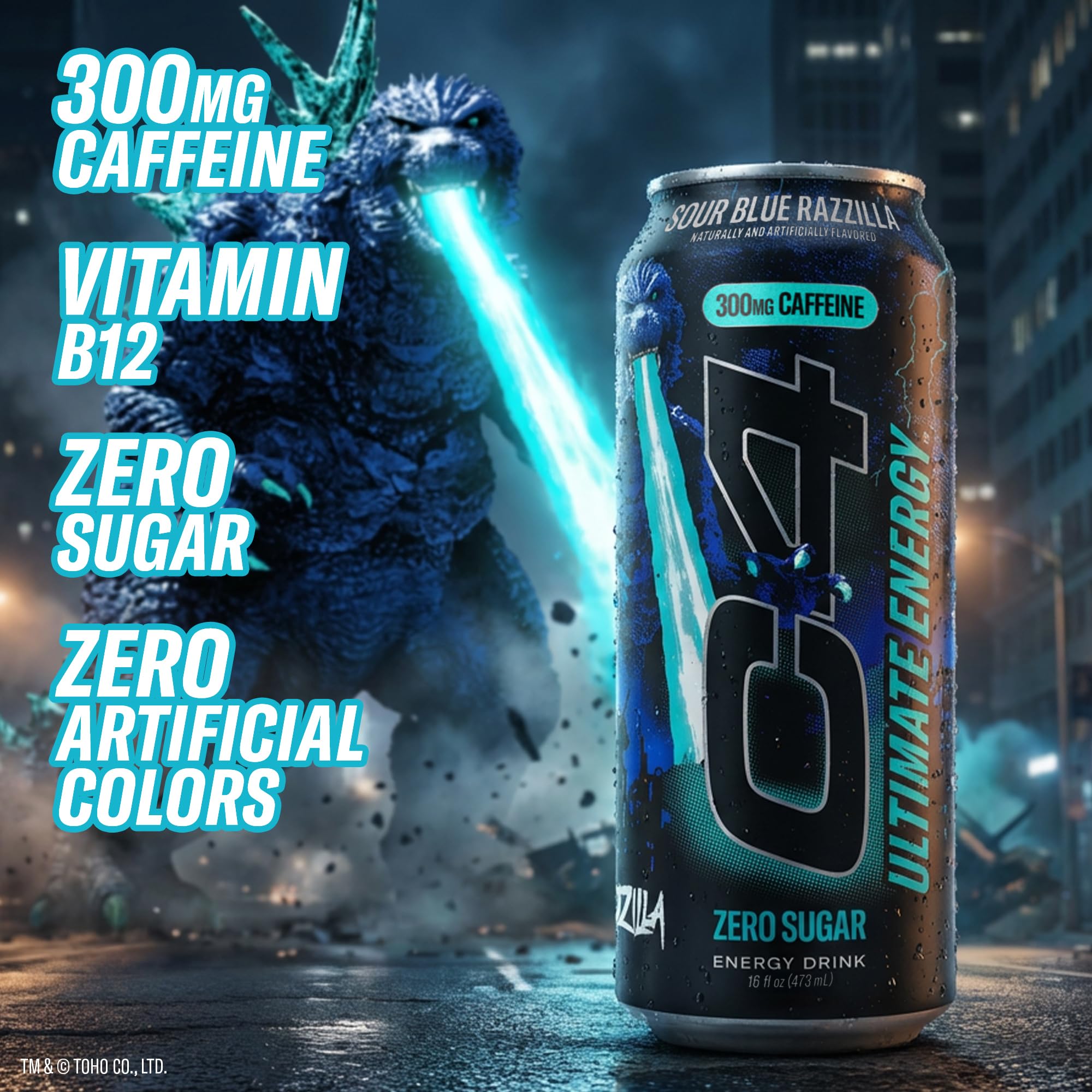 C4 lata en mano para comparar tamaño y mostrar porción de 16 oz