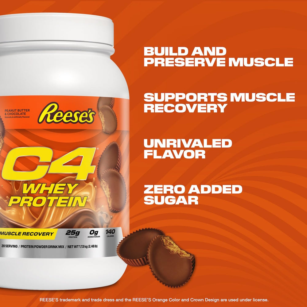 C4 Whey batido en vaso listo para consumir, sabor REESE'S delicioso