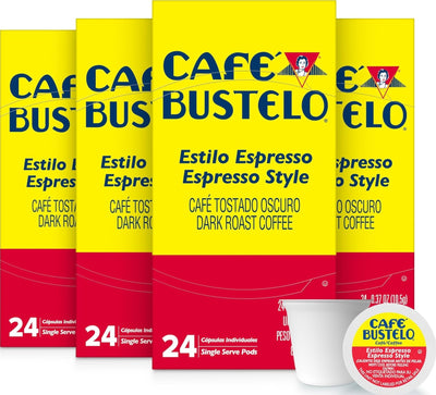 Café Bustelo front packaging showing 96-count supply and bold branding benefit convenience