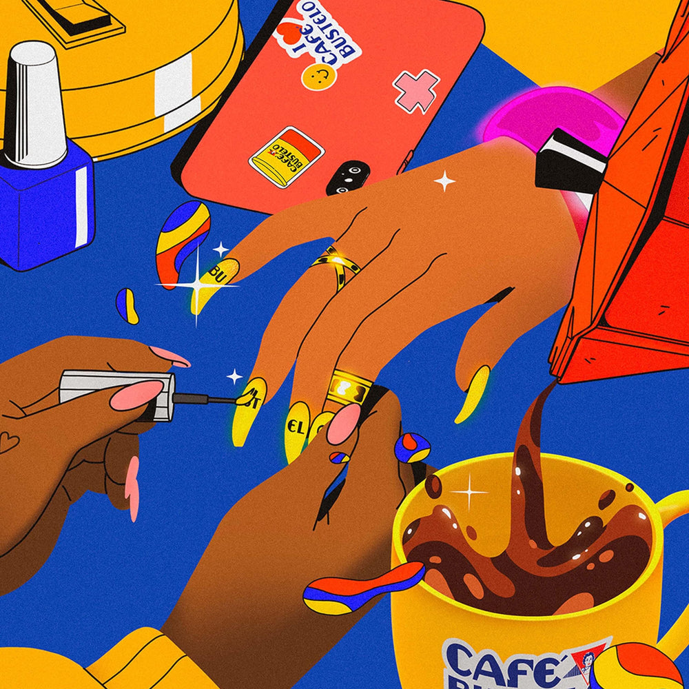 Café Bustelo label detail and ingredients panel showing product information benefit