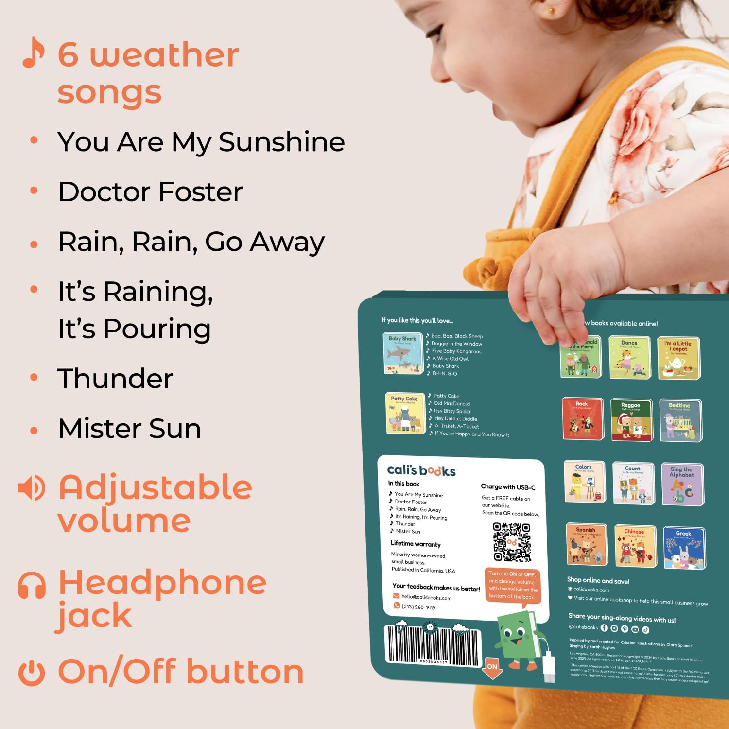 Cali's Books next to an adult hand showing toddler scale and durable board construction