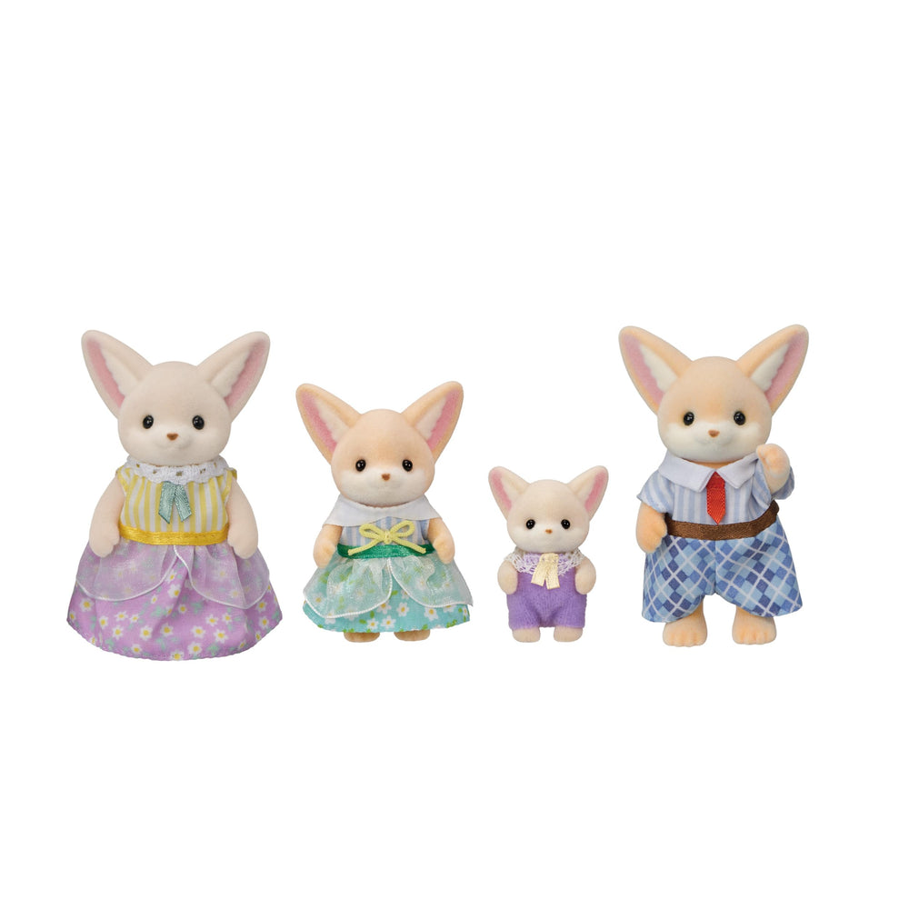 Calico Critters familia Zorro Fennec vista frontal mostrando las cuatro figuras y ropa removible