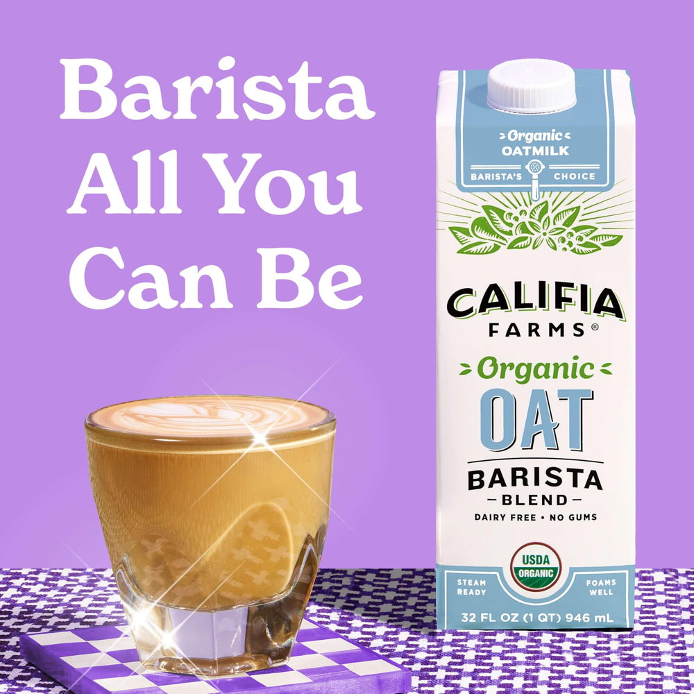 Califia Farms detalle de etiqueta orgánica y certificaciones visibles, confianza y calidad