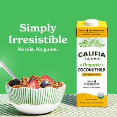 Califia Farms coconut milk pouring into glass for creamy beverage benefit