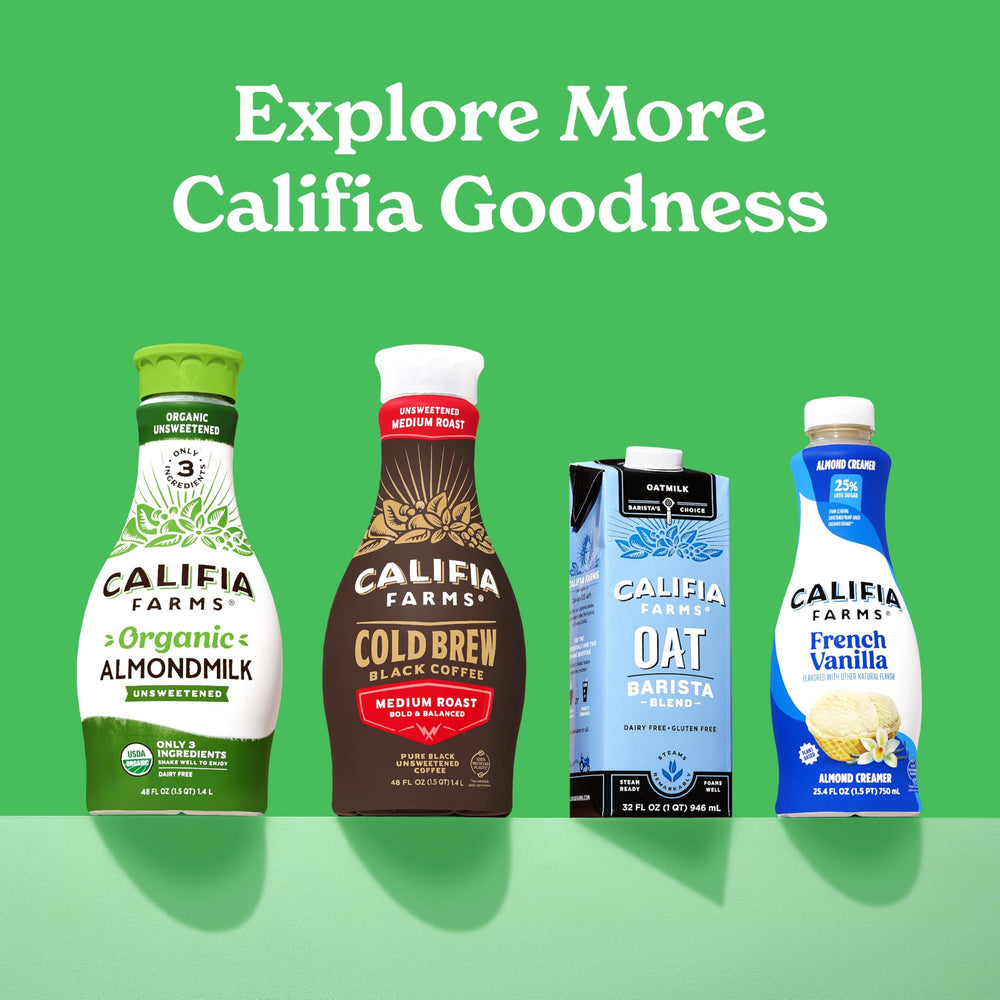 Califia Farms envase junto a frutas para comparar tamaño y porciones