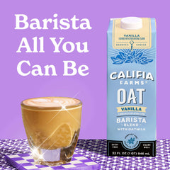 Califia Farms pouring vanilla oat barista blend into coffee for creamy texture
