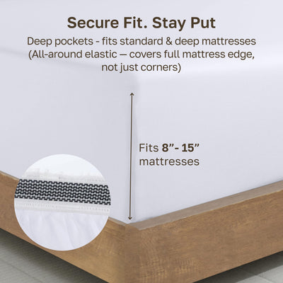 California Design Den sheet fitted on queen mattress demonstrating deep pocket hold