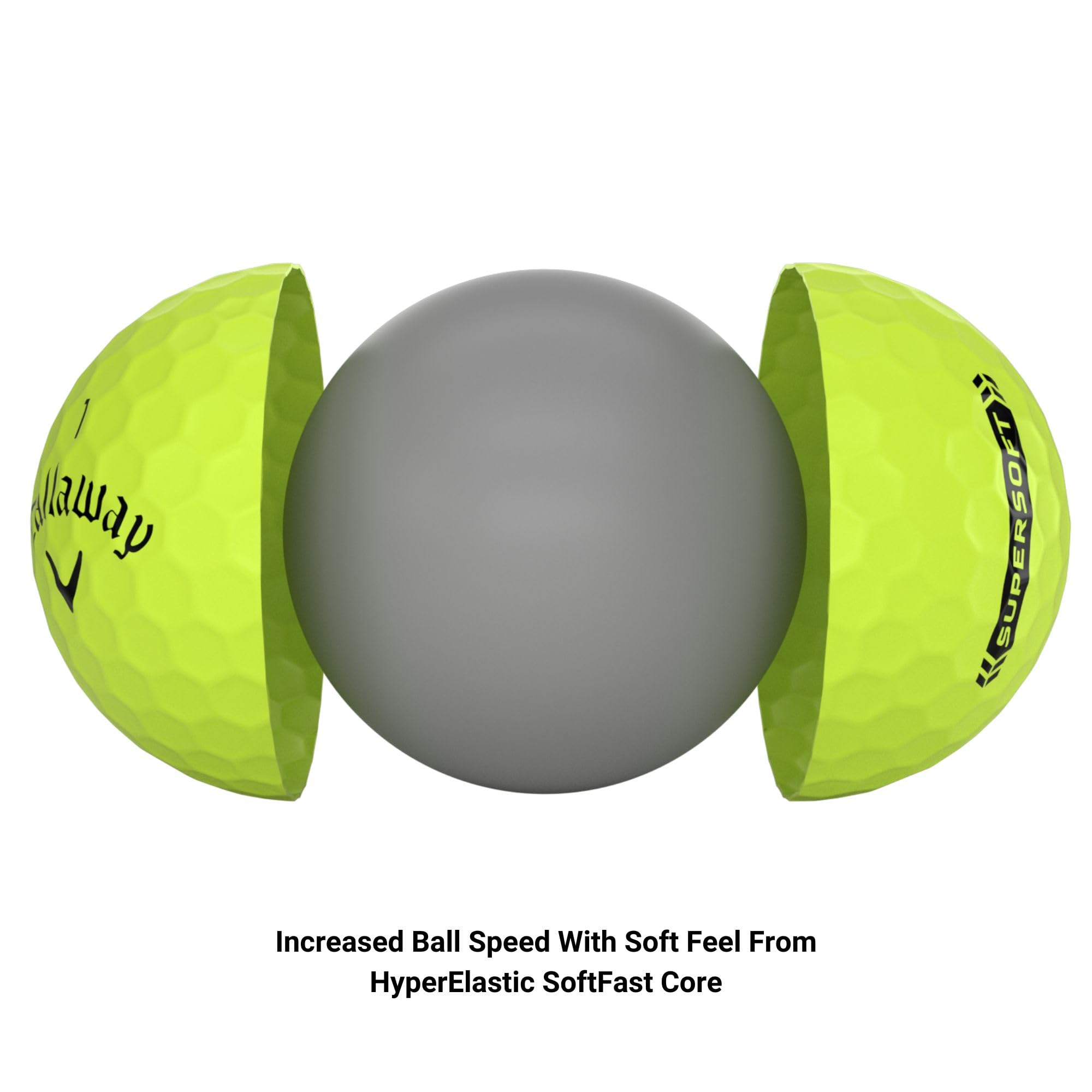 Callaway Supersoft 2023 verde imagen conceptual del núcleo HyperElastic SoftFast y beneficio de velocidad