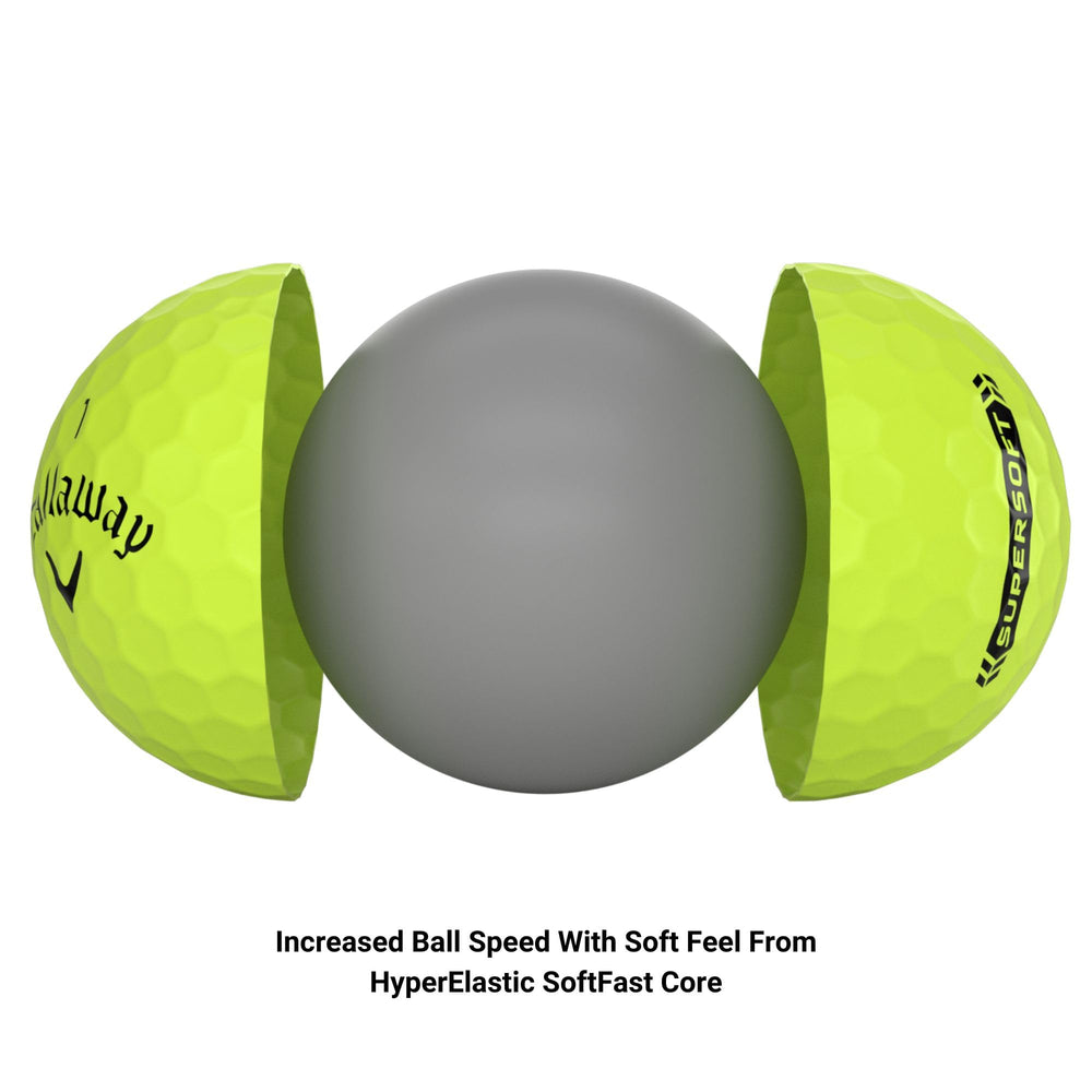 Callaway Supersoft 2023 verde imagen conceptual del núcleo HyperElastic SoftFast y beneficio de velocidad