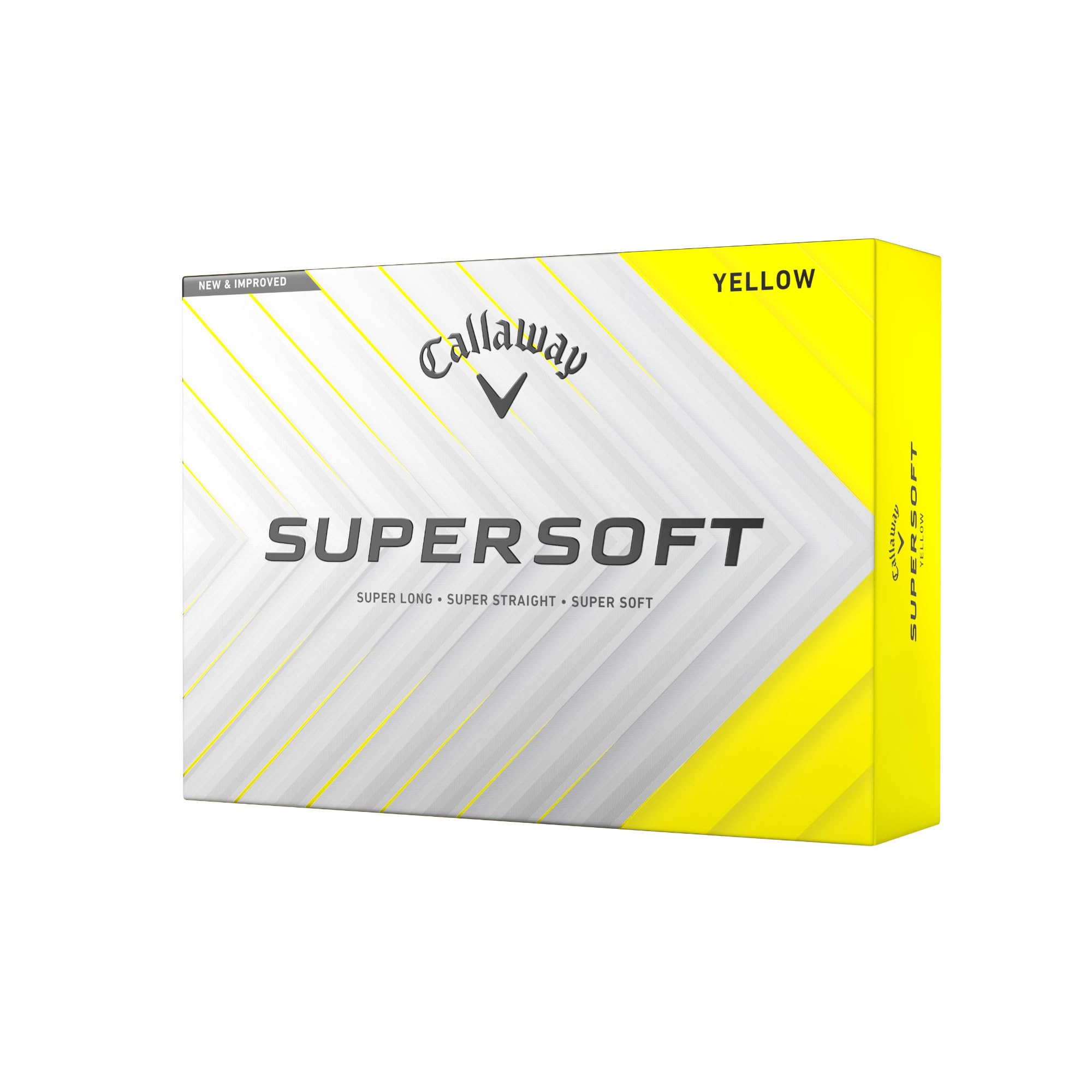 Callaway Supersoft 2025 empaque frontal amarillas mostrando la caja y beneficio de visibilidad