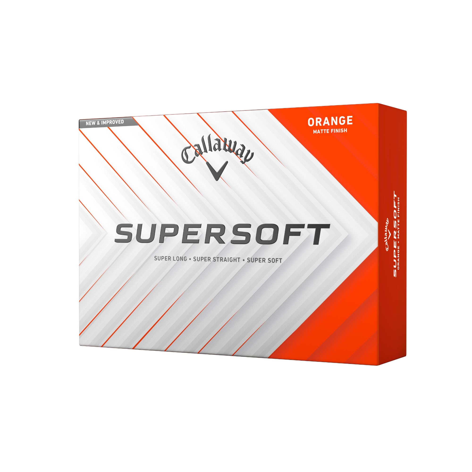Callaway Supersoft empaque frontal naranja mostrando caja de 12 unidades y fácil identificación