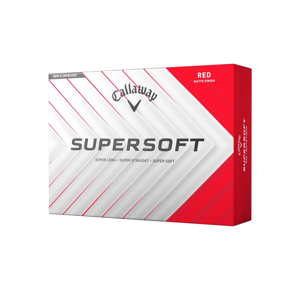 Callaway Supersoft paquete frontal rojo mostrando 12 balones y facilidad de transporte