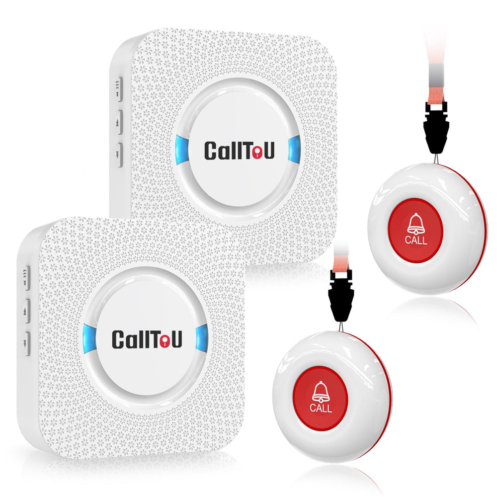 CallToU front view of receiver and two call buttons showing clear controls and quick alerts