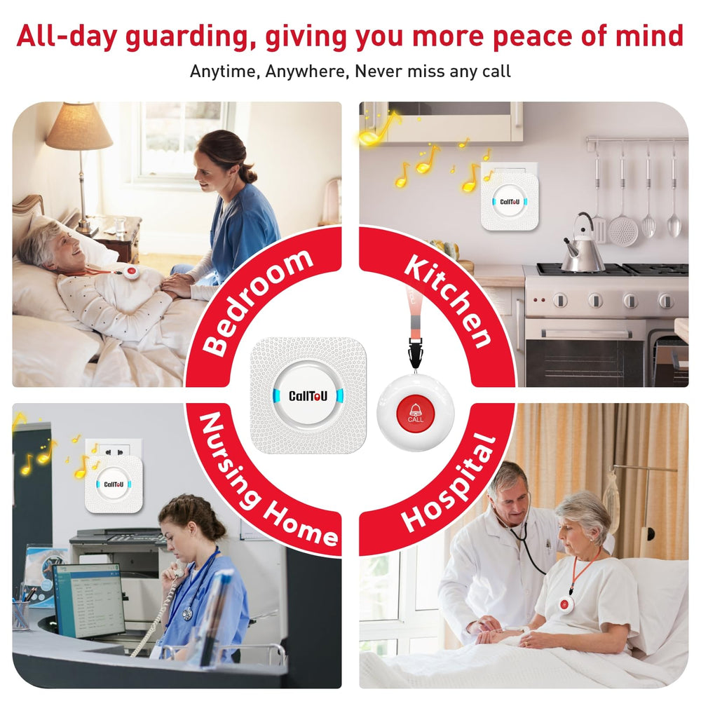 CallToU receiver plugged into living room outlet demonstrating wide-area alert coverage