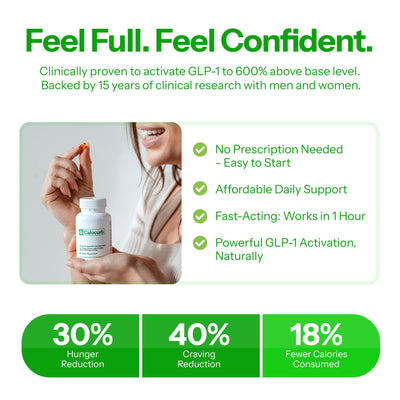 Calocurb bottle label close-up highlighting Amarasate ingredient and natural formula benefits